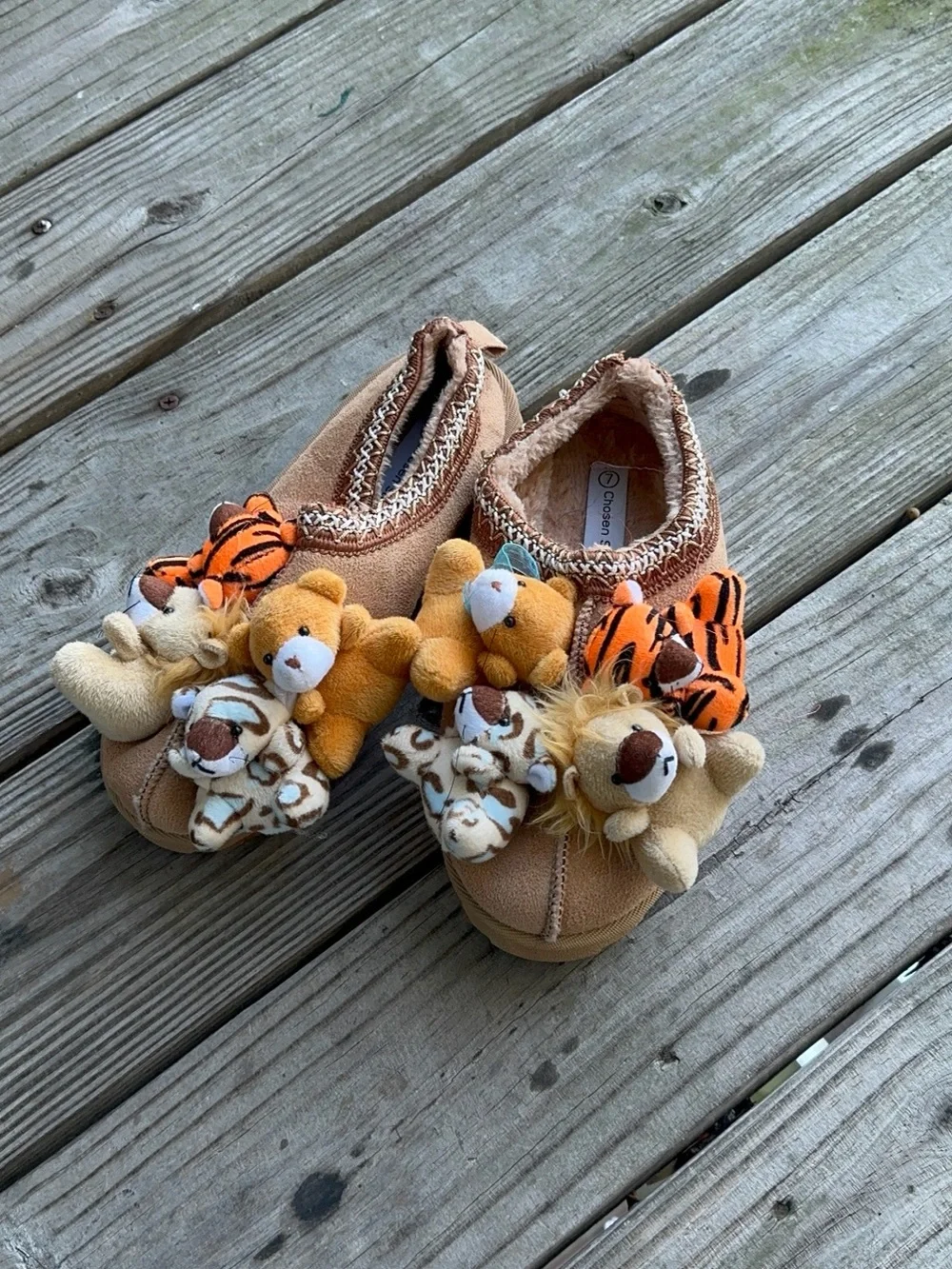 Plush Animal Slip-On Kids Slippers in Tan